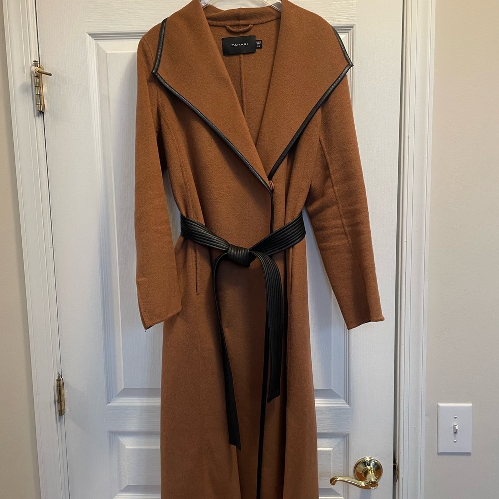 Tahari Camel Trench Coat with Black Accents